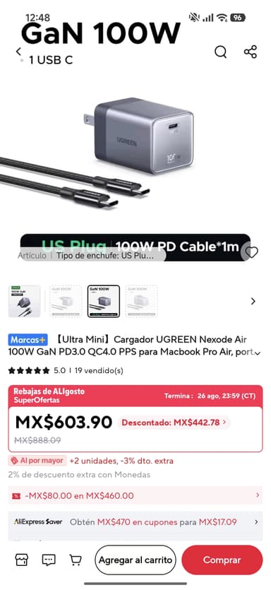 AliExpress: Cargador UGREEN Nexode Air 100W (Ultra Mini) + Cable USB C PD 100W 1m (Solo en página de monedas) + Didi Paga Después - AliExpress