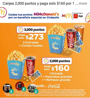 Combos Cinépolis desde $160 + puntos MiMcDonald's (Boletos + Palomitas y Refresco) en App McDonald's - Cinépolis