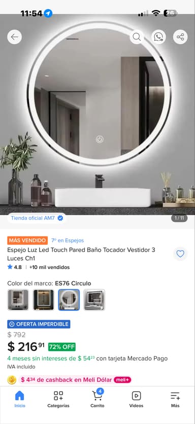 Mercado Libre: Espejo Luz Led Touch Pared Baño Tocador Vestidor 3 Luces Ch1 - Mercado Libre