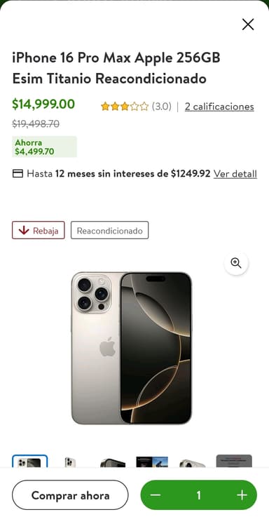 Bodega Aurrera: iPhone 16 Pro Max Apple 256GB Esim Titanio Reacondicionado - Bodega Aurrera