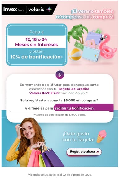 Invex: 10% Bonificación por pagar a MSI (topado a $1,000, cualquier comercio, mínimo de compra $6,000 acumulables, 28 julio al 2 agosto) - Invex