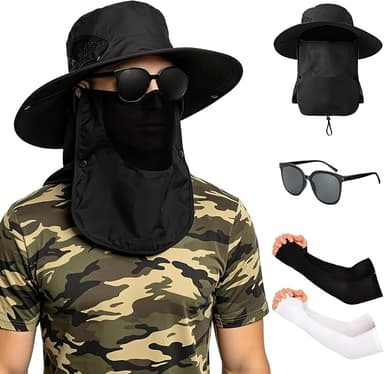 Amazon: Sombrero Pesca Sol ,UPF 50, con Gafas de Sol, Mangas de Protección Solar, Desmontable, Impermeable. - Amazon