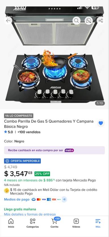 Mercado Libre: Combo Parrilla De Gas 5 Quemadores Y Campana Básica Negro - Mercado Libre