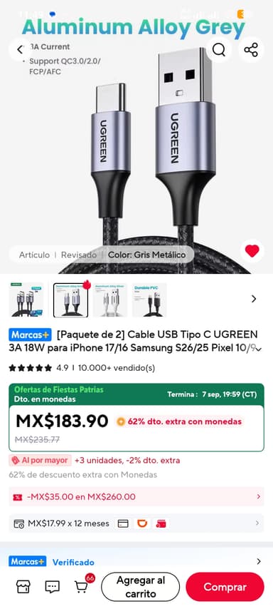 AliExpress: Cable USB Ugreen pack de 2 piezas, 2 metros - AliExpress