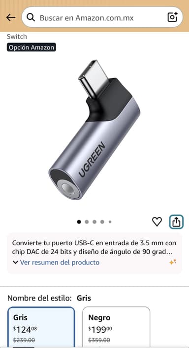 Amazon: UGREEN Adaptador USB C a Jack 3.5 mm con DAC HiFi, 90 Grados, 24 bit/96 kHz - Amazon