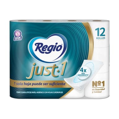 Amazon: Regio Just 1, Hojas Cuádruples 50% Mas Gruesas, 12 Rollos │$127 c/u comprando 5, $120 c/u comprando 10│Planea y Ahorra│ - Amazon