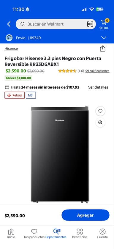 Walmart: Frigobar Hisense 3.3 pies Negrl - Walmart
