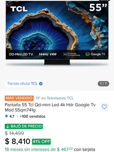 Mercado Libre: Pantalla 55 TCL 4k | Qd-mini Led 1300+ | HDR | Google Tv | 55QM741G | 144Hz | con AMEX - Mercado Libre