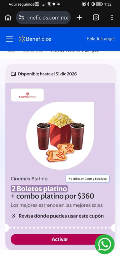 Suma beneficios: 2 boletos platino + combo platino por $360 en cinemex - Cinemex