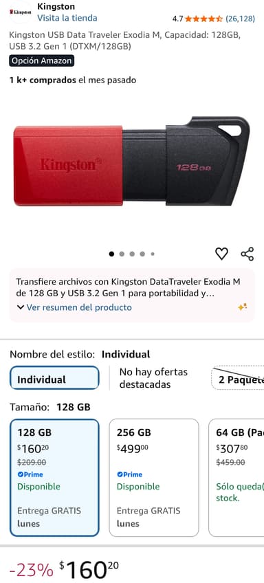 Amazon: Memoria Usb Kingston 128GB 3.2 Gen 1 - Amazon