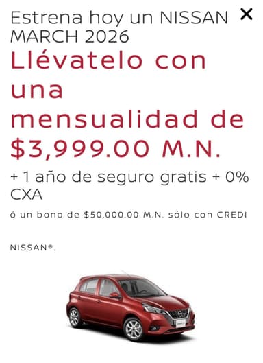 Nissan March | Bono de $50,000 o mensualidades de $3999 + 1 año Seguro Gratis - Nissan