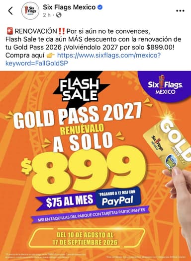 Six Flags: Renovación Gold Pass 2027 - Six Flags