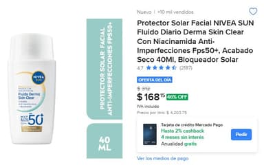 Mercado Libre: Protector Solar Facial NIVEA SUN Fluido Diario Derma Skin Clear Con Niacinamida Anti-Imperfecciones Fps50+, Acabado Seco 40Ml - Mercado Libre