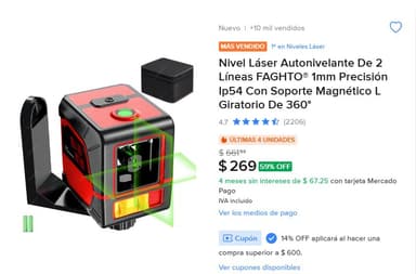 Mercado Libre: Nivel Láser Autonivelante De 2 Líneas FAGHTO 1mm Precisión Ip54 Con Soporte Magnético L Giratorio De 360° - Mercado Libre