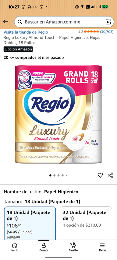 Amazon: Regio Luxury Almond Touch - Papel Higiénico, Hojas Dobles, 18 Rollos | Planea y Ahorra - Amazon