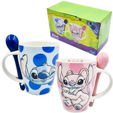 Amazon: Fun Kids - Set de Tazas para Pareja, Taza, Disney con Diseño Original Stitch y Angel con Cuchara, Caja de Regalo de 410 ml - Amazon