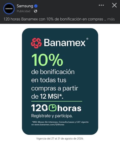 Samsung Store: 120 horas banamex, bonificacion del 10% en compras a 12 MSI - Samsung Store