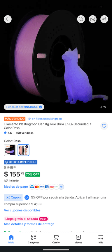 Mercado Libre: Filamento PLA rosa que brilla en la oscuridad 1KG - Mercado Libre