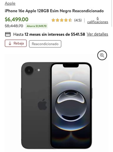 Bodega Aurrera: Iphone 16e buen precio reacondicionado - Bodega Aurrera