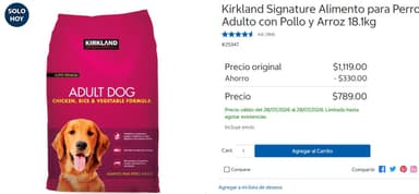Costco: Kirkland Signature Alimento para Perro Adulto con Pollo y Arroz 18.1kg -30% - Costco
