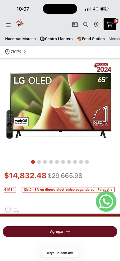 City Club: Pantalla 65" LG 4K OLED Smart TV con ThinQ AI OLED65B4PSA - City Club
