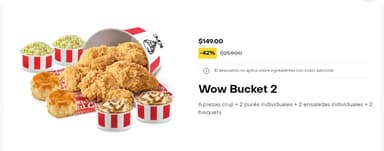 Rappi: KFC: WOW Bucket 2, 6 piezas,2 pures, 2 ensalada y 2 bisquets - Rappi