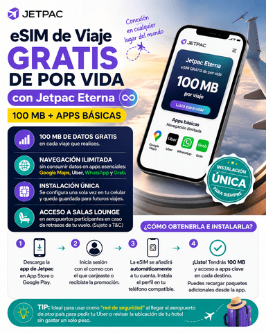 eSIM Gratis Por Vida con Jetpac Eterna (100 MB + Apps Básicas)