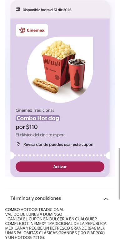 Cinemex (bodega aurrera) Palomitas Grandes + Hot dog + Refresco - Cinemex