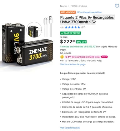 Mercado Libre - 2 Baterias 9v cuadrada recargables por medio Usb-c de 3700mwh 1.5v - Mercado Libre