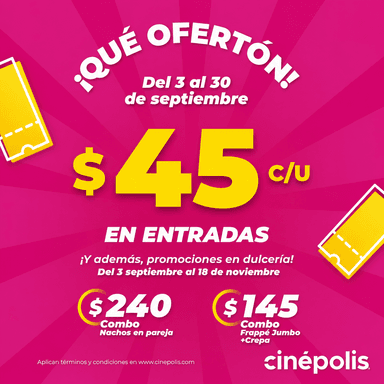 Cinépolis - Entradas a $45 de martes a jueves - Cinépolis