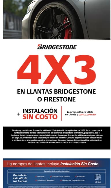 Costco: Llantas Bridegestone o firestone 4x3 - Costco