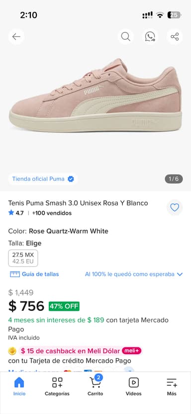 Mercado Libre: tenis Puma Smash 3.0, 27.5cm, en color rosa y blanco - Mercado Libre