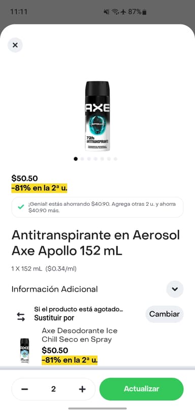 Rappi pro: chedraui 2 antitranspirantes axe por 60 - Rappi