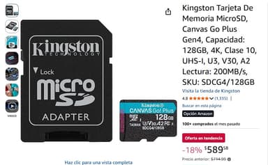 Amazon: Kingston Tarjeta De Memoria MicroSD, Canvas Go Plus Gen4, Capacidad: 128GB, - Amazon