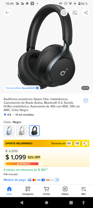 Mercado Libre: Audífonos soundcore Inalámbricos, Cancelación de Ruido Activa, Bluetooth 5.3, Sonido Autonomía de 40h Color Negro - Mercado Libre