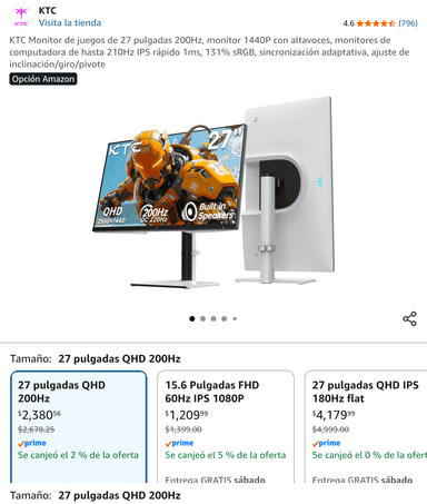 Amazon: Monitor KTC 27" QHD IPS 200Hz - Envio Gratis con Prime - Amazon