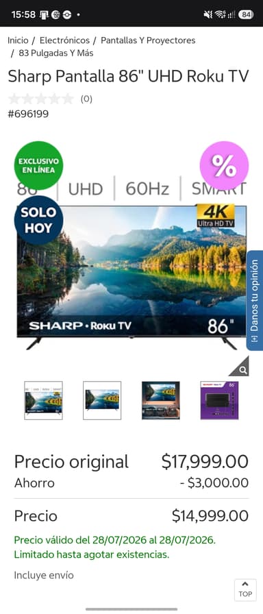 Sharp Pantalla 86" UHD Roku TV en costco - Costco