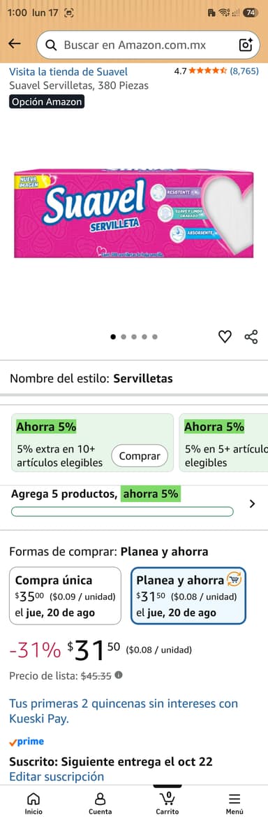 Amazon - Servilletas Suavel 380 piezas - Planea y ahorra - Amazon