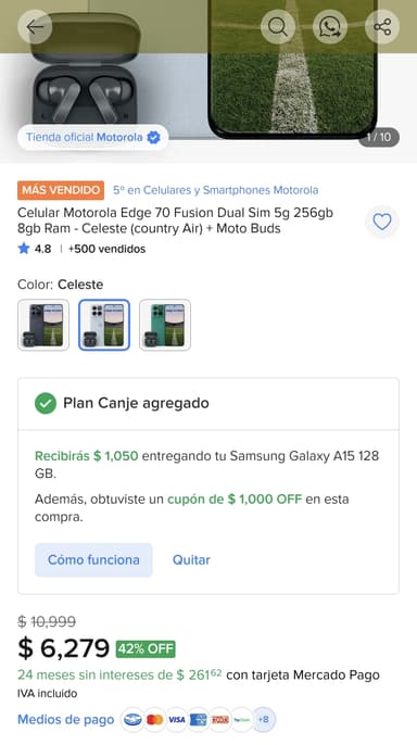 Mercado Libre: Motorola Edge 70 Fusion 256 GB, con Moto Buds | Canje + Cupón 10% con Meses sin tarjeta - Mercado Libre