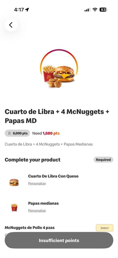 McDonald's | Cuarto de libra + papas + 4 nuggets por 6,000 puntos - McDonald's