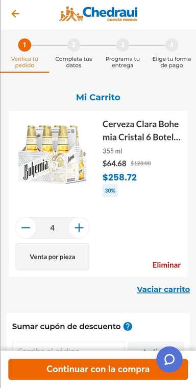 CHEDRAUI. Cerveza Clara Bohemia Cristal 6 Botellas de 355ml c/u - Chedraui