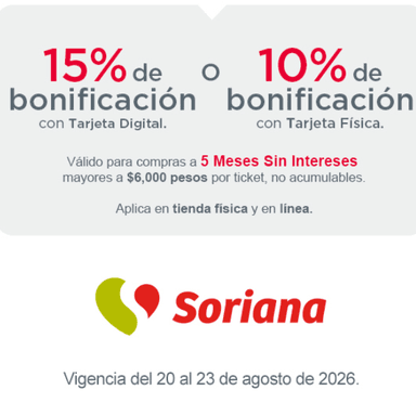 Banorte: 15% de Bonificación en Soriana con Tarjeta Digital (20 al 23 de agosto)