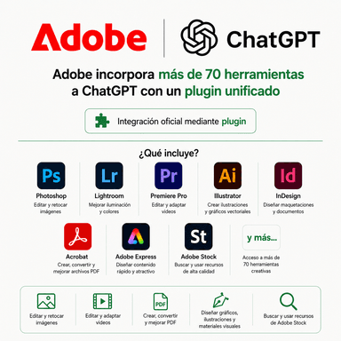 ChatGPT: Ahora Incluye +70 Herramientas de Adobe sin Costo (Photoshop, Premiere, Acrobat, Lightroom, Illustrator etc) Todos los Usuarios