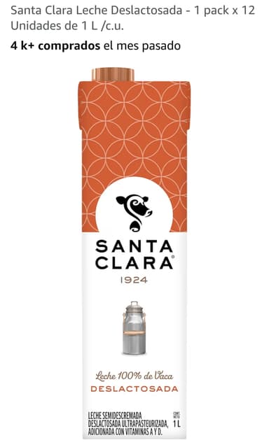 Amazon. Santa Clara Leche Deslactosada - 1 pack x 12 Unidades de 1 L /c.u.. Planea y Ahorra - Amazon