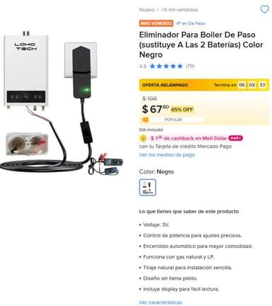 Mercado Libre - Eliminador Para Boiler De Paso (sustituye A Las 2 Baterías) Color Negro - Mercado Libre