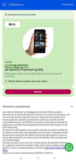 Spotify Premium 4 meses gratis desde Walmart Suma beneficios