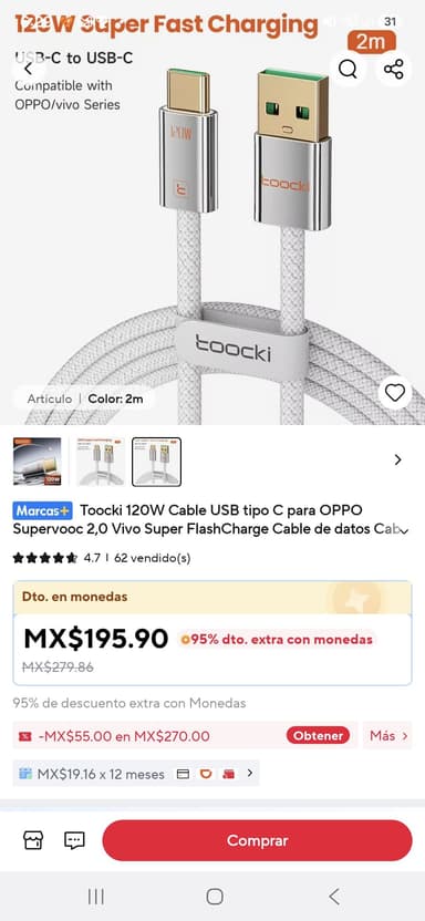 AliExpress: Cable Toocki 2 m 120w con monedas - AliExpress