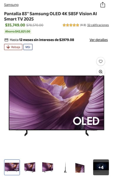 Walmart: Pantalla 83'' Samsung OLED 4K S85F Vision AI Smart TV 2025 - Walmart