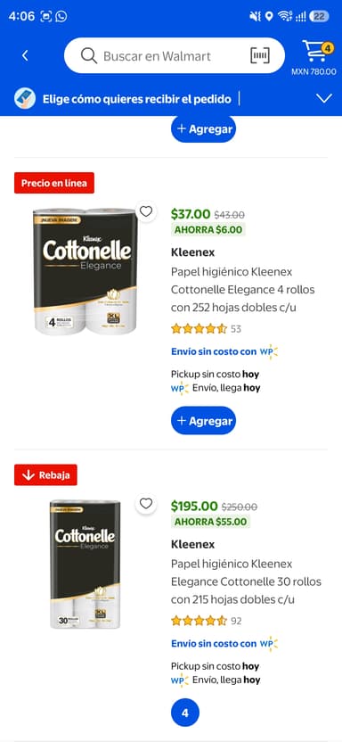 Walmart: Papel higiénico Kleenex Elegance Cottonelle 30 rollos con 215 hojas dobles c/u | (2 x $320 | $160 c/u) - Walmart