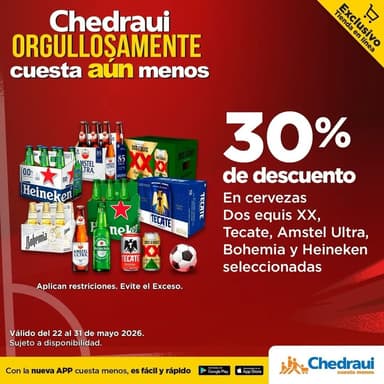 Chedraui: 30% de descuento en cervezas Dos Equis XX, Tecate, Amstel Ultra, Bohemia y Heineken seleccionadas (Exclusivo tienda en línea) - Chedraui